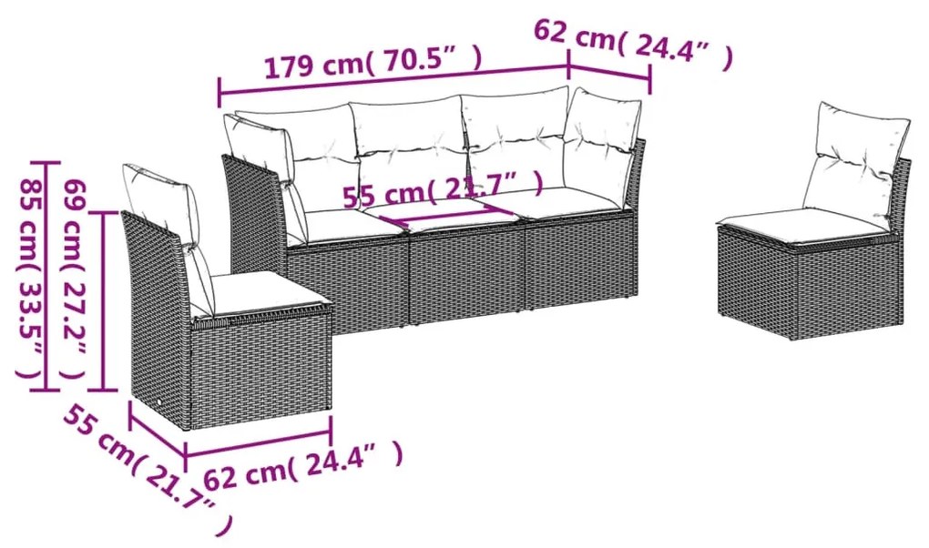 5 részes szürke polyrattan kerti ülőgarnitúra párnákkal