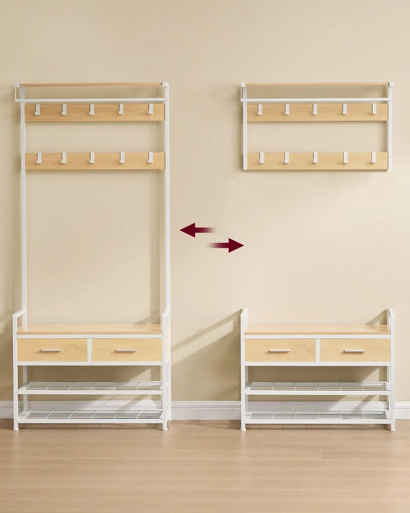 Kabátállvány cipőpaddal, 2 fiók, 10 akasztó, matt arany tölgy