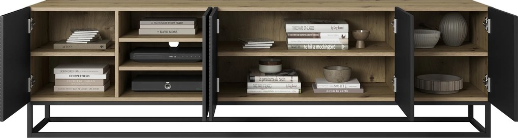 Asha RTV szekrény 200 cm - ryflowott előlap / fekete fém lábak, artisan / fekete matt