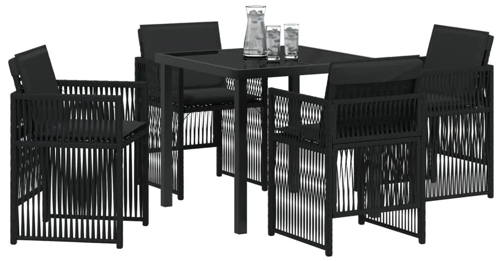5 Részes Kerti Étkező Szett Párnákkal - Fekete Polyrattan