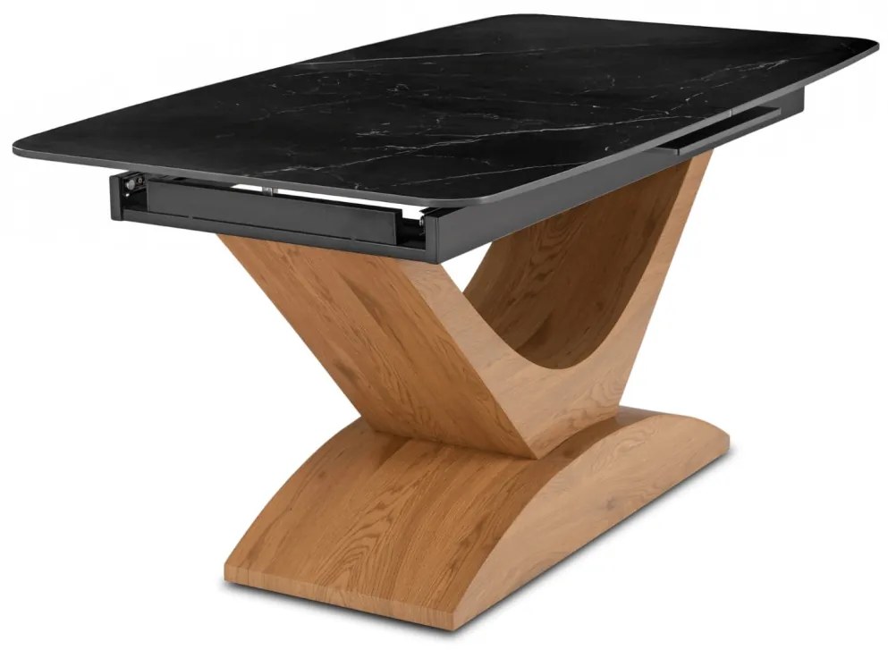 Bővíthető Márványhatású Kerámia Étkezőasztal Fekete/Tölgy Színben. ALICANTE 160-200 cm