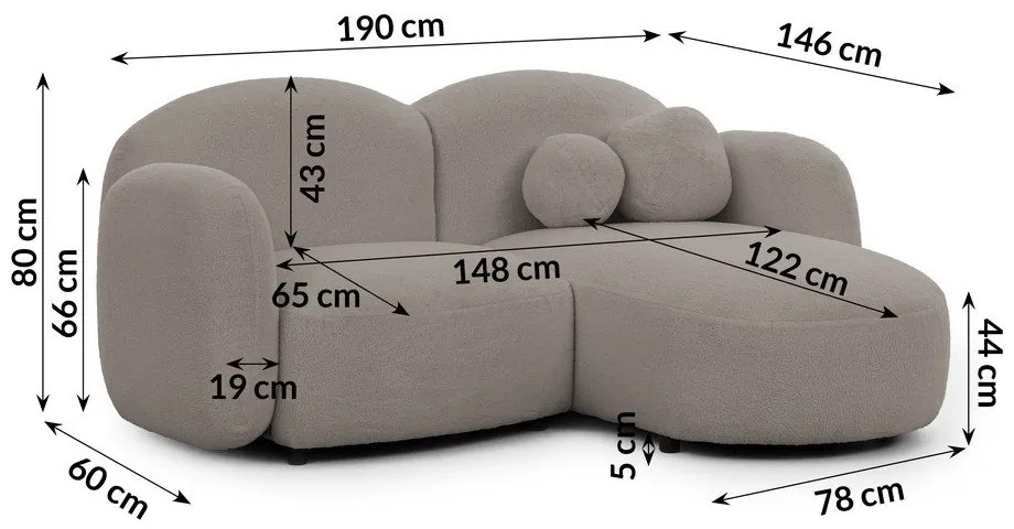 Szürke buklé sarokkanapé (jobb oldali-heverő résszel) Orbit – Ropez