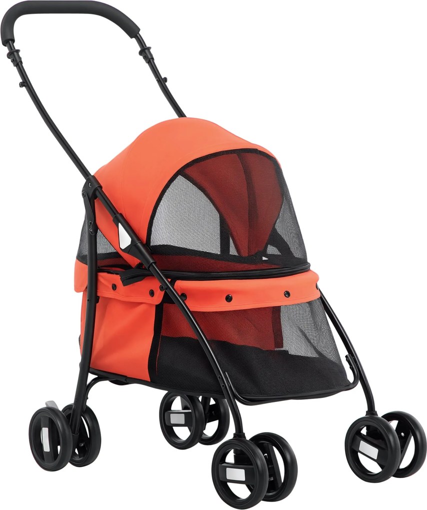 PawHut Összecsukható Kisállat Babakocsi Kicsi Kutyáknak Hálós Ablakokkal Mosható Párnával Biztonsági Övekkel Acél Váz 15 kg-ig Piros | Aosom