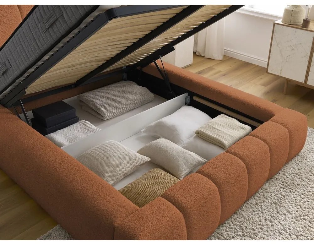 Narancssárga kárpitozott ágyneműtartós franciaágy ágyráccsal 160x200 cm Denali – Bobochic Paris