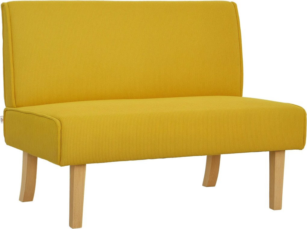 HOMCOM 2 Személyes Kanapé, Kordbársony Hatás, Fa Lábakkal, Párnázott Kárpitozás, Két Személyes Kanapé Hálószobába és Nappaliba, 110 x 62 x 85 cm, Sárg