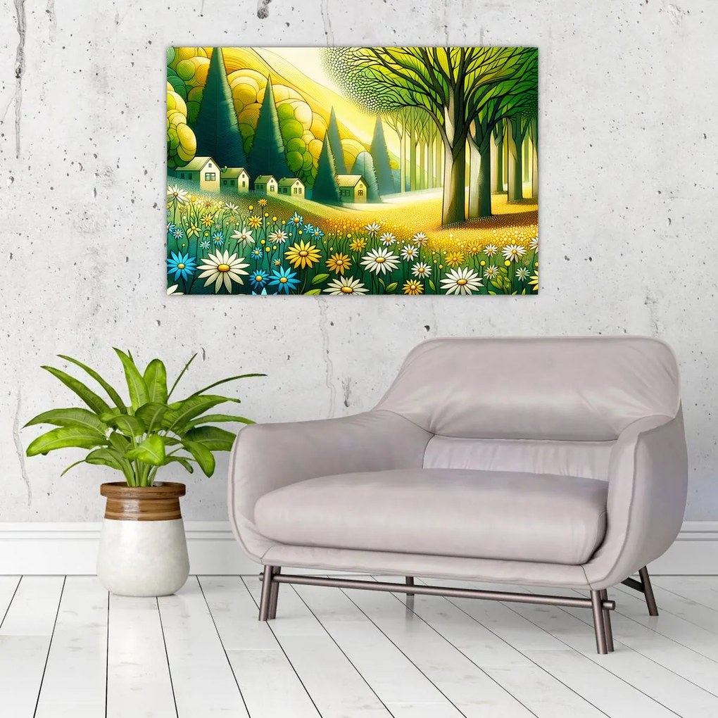 Kép - Falu sárga-zöld színekben (90x60 cm)