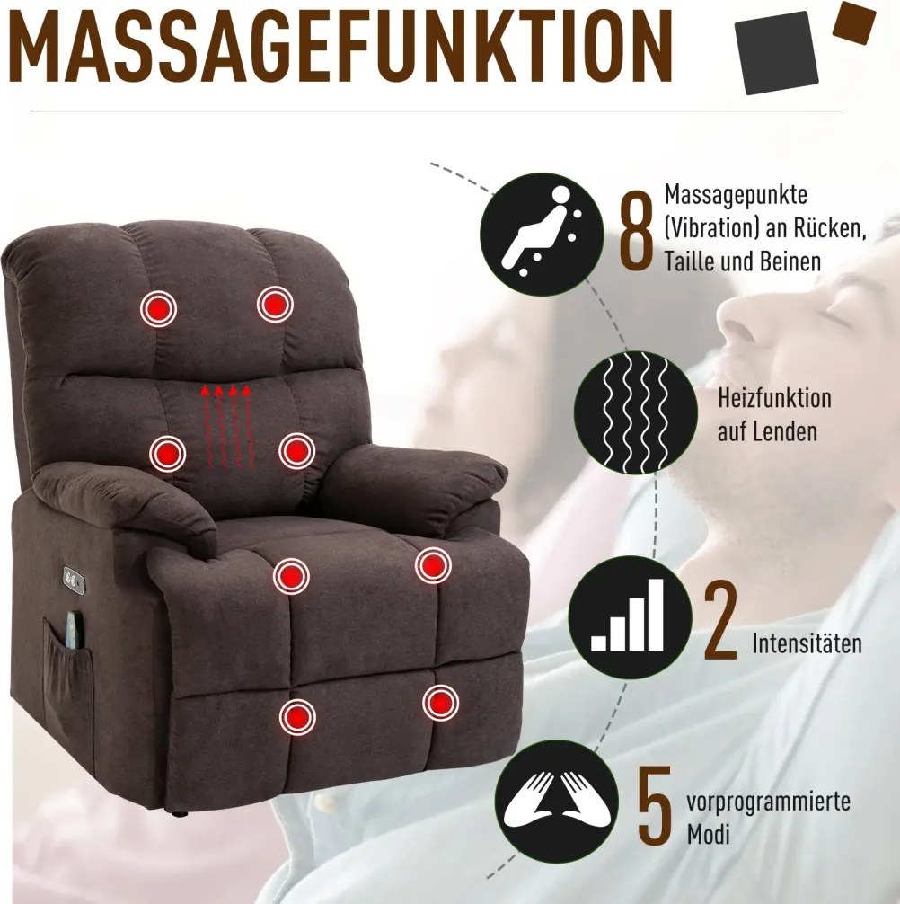 HOMCOM fotel emelőrásegítéssel, 160°-ban dönthető háttámla, masszázs és fűtésfunkcióval, poliészter barna