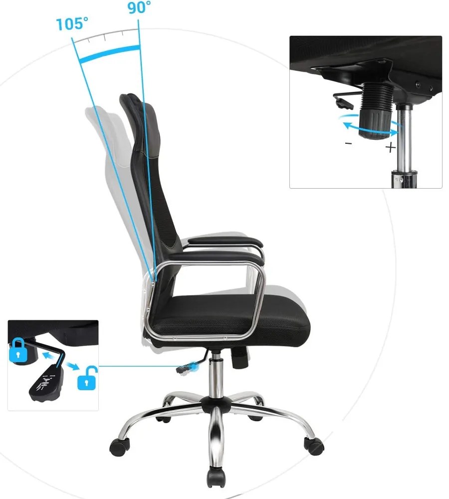 Irodai ergonomikus szék, fej- és deréktámasszal, fekete