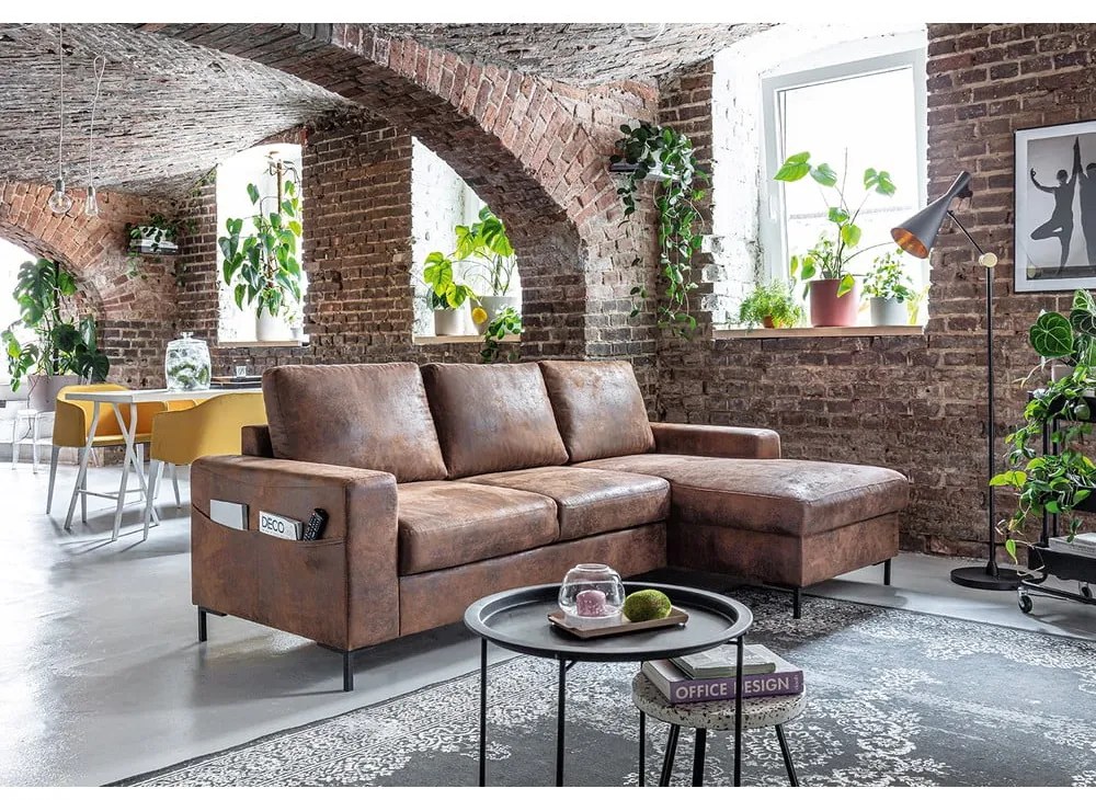 Lofty Lilly Vintage barna kinyitható bőrutánzat sarokkanapé, jobb oldali - Miuform
