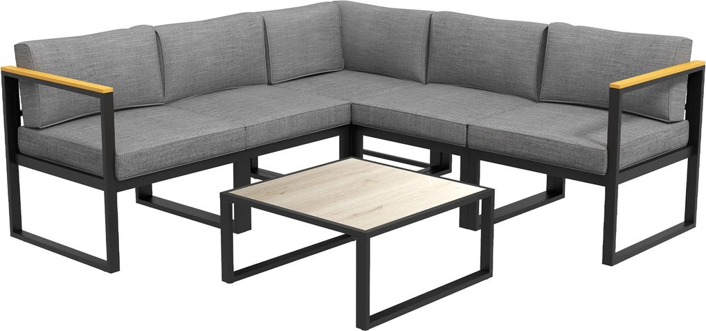 Outsunny Kert Lounge kanapéval és kávézóasztallal, 6 részes szett alumíniumból párnázott párnákkal, fa hatású asztallap, Szürke | Aosom