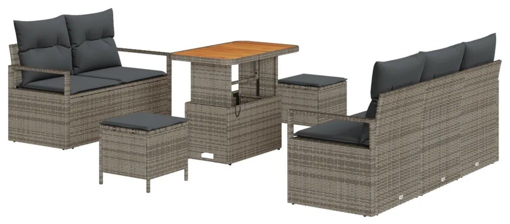 8 darabos Kertiszófakészlet Párnákkal Szürke Poli Rattan Akác, 2 fős Kertiszófa Tárolóval és Párnákkal Szürke Poli Rattan, 3 darabos Kerti Étkezőszett Párnákkal Szürke Poli Rattan Akác