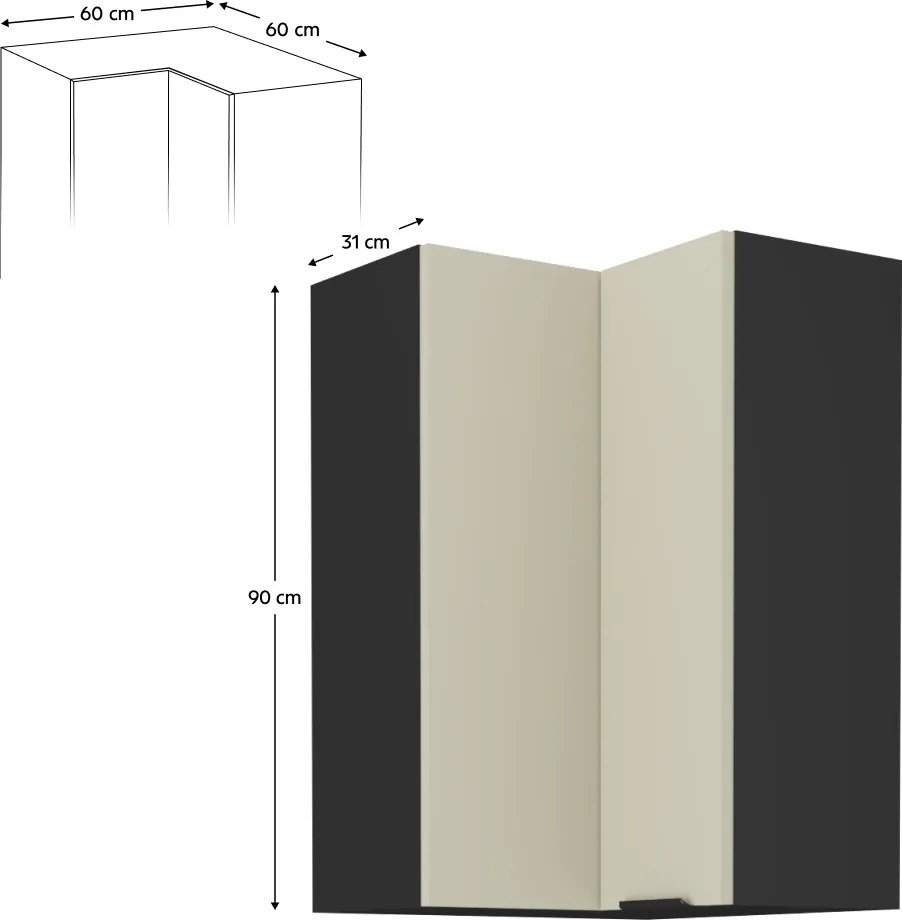 Felső sarokszekrény kasmír/fekete, ARAKA 60x60 GN-90 2F