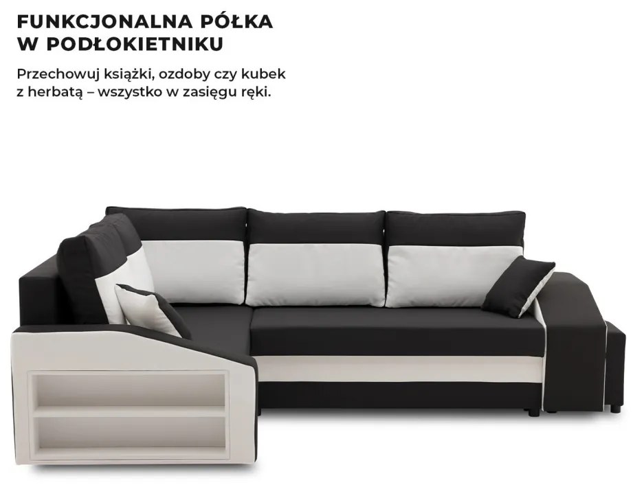 Grande sarokkanapé polcokkal és puffokkal , polc a bal karfaban puffok a jobb karfaban, baloldali, szövet anyag, hab töltet, fekete - fehér