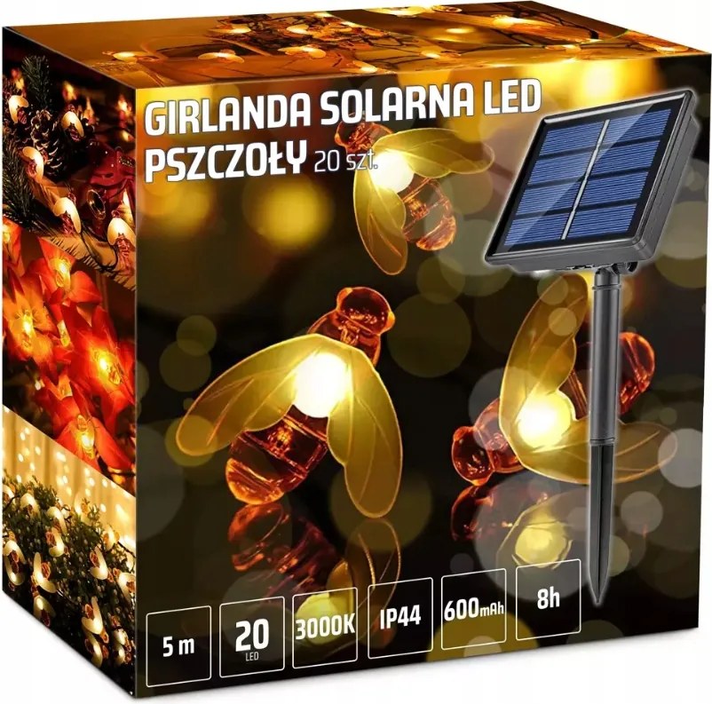 Napelemes lámpa Méh Füzér kert erkély pavilon vízálló 20 Led 5m