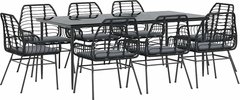 vidaXL 9 részes fekete polyrattan üveg kerti étkezőgarnitúra párnákkal