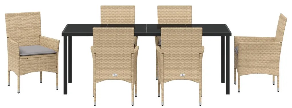 7 Részes Kerti Étkezőszett Párnákkal Bézs Polirattan, Kerti Asztal Fekete 200x80x73 cm Edzett Üveg