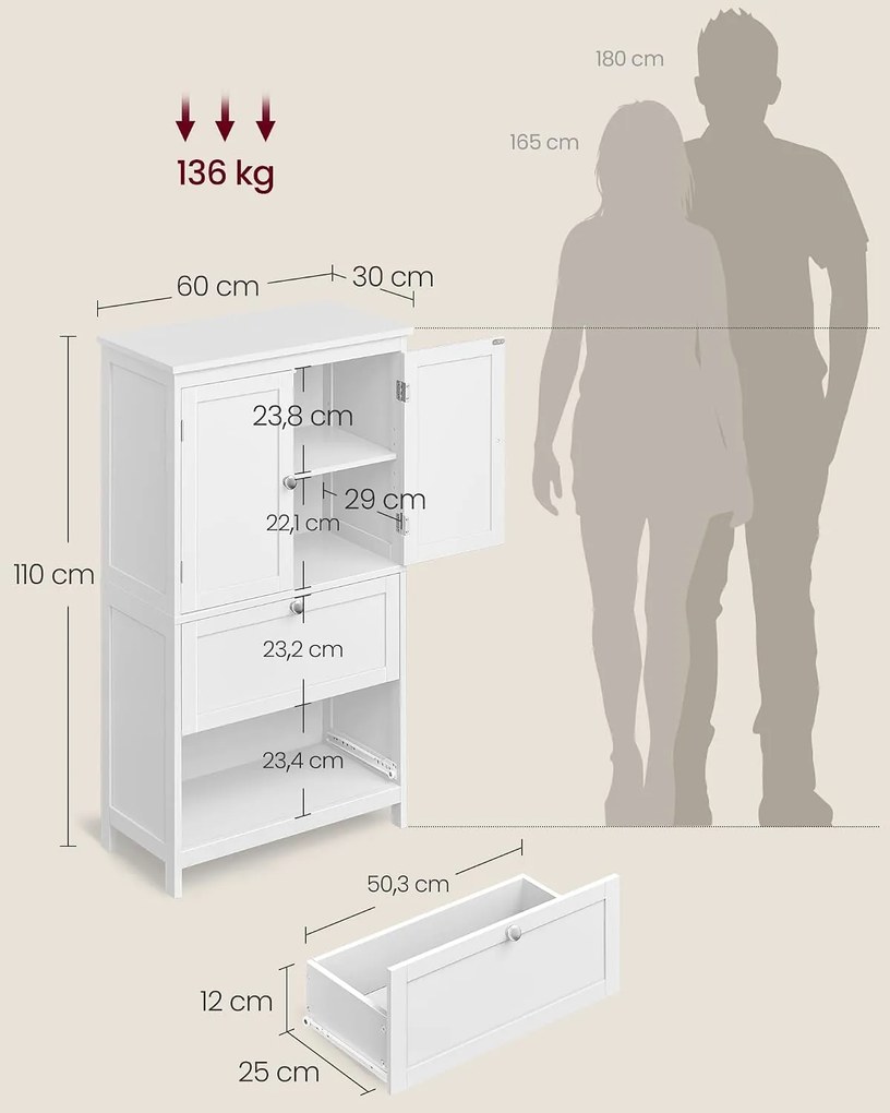 Fürdőszobai tárolószekrény 2 ajtóval és 2 fiókkal, 5 fokozatban állítható polccal, 60 x 30 x 110 cm, fehér