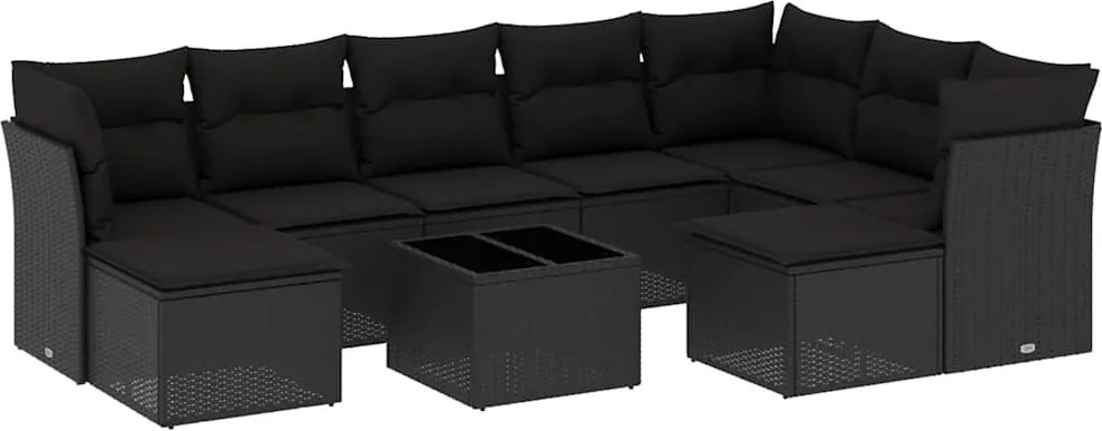 vidaXL 10 részes fekete polyrattan kerti ülőgarnitúra párnákkal