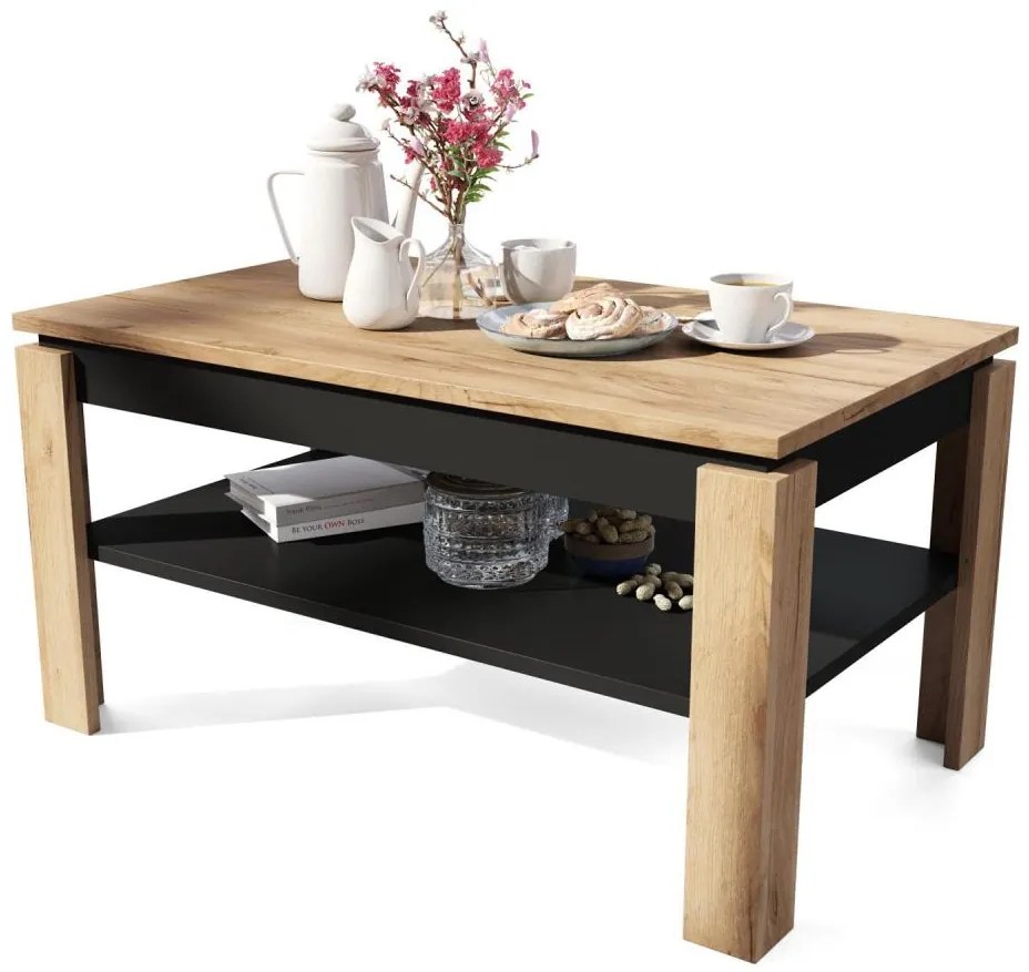 Bővíthető dohányzóasztal emelhető asztallappal és polccal ADEN craft tölgy/fekete