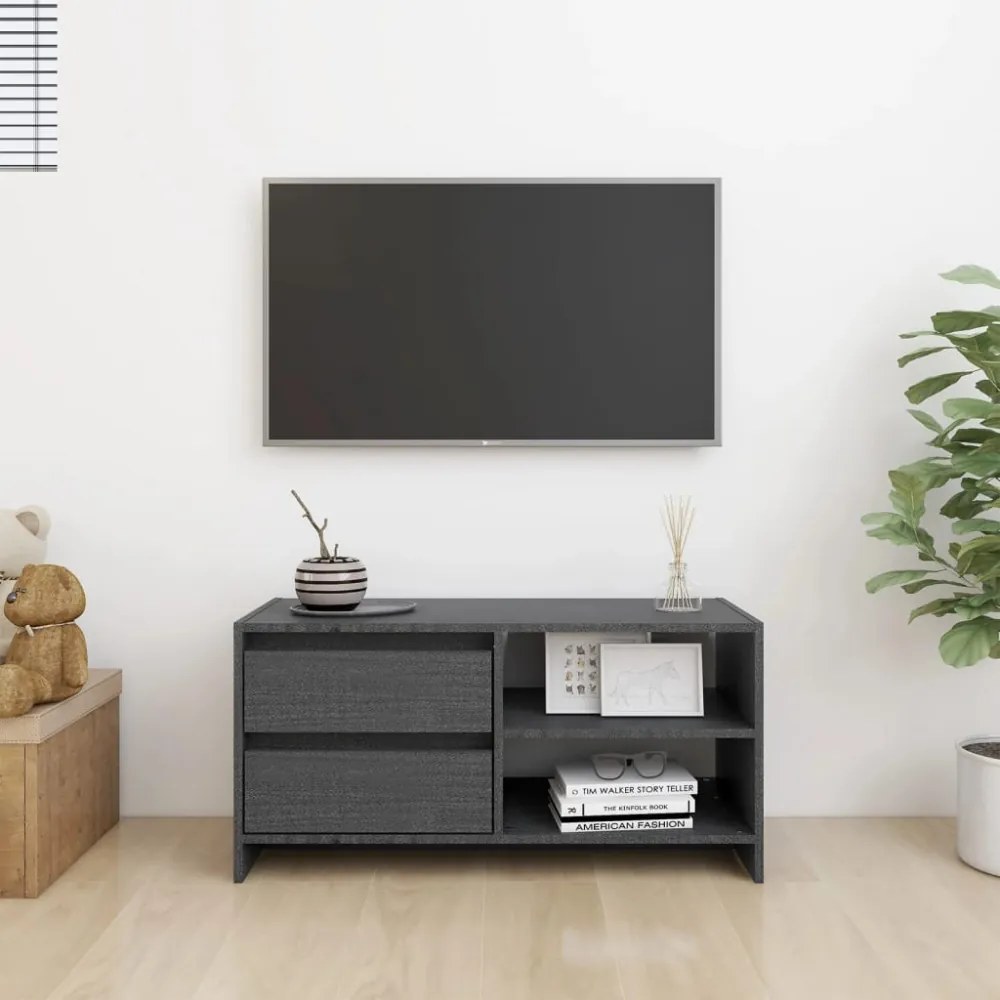 szürke tömör fenyőfa TV szekrény 80 x 31 x 39 cm