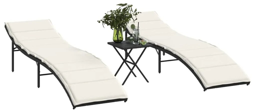 2 db fekete polyrattan napozóágy asztallal