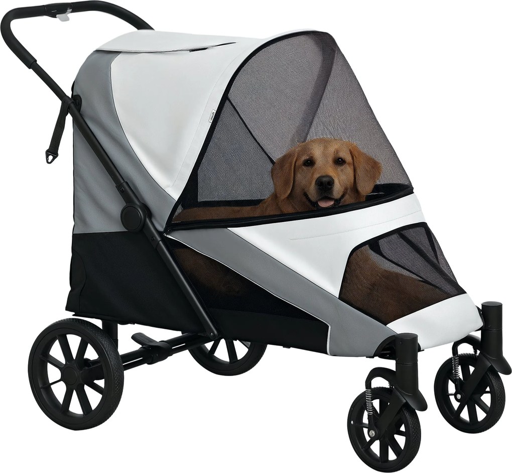 PawHut Összecsukható Kutya Buggy Nagy Kutyák és Macskák Számára 30 kg-ig, Kutyakocsi Párnával, Háló Ablakokkal, Ajtókkal, Tárolótáskával és Biztonsági