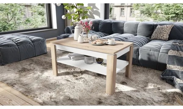 Bővíthető dohányzóasztal emelhető asztallappal és polccal ADEN sonoma tölgy/fehér