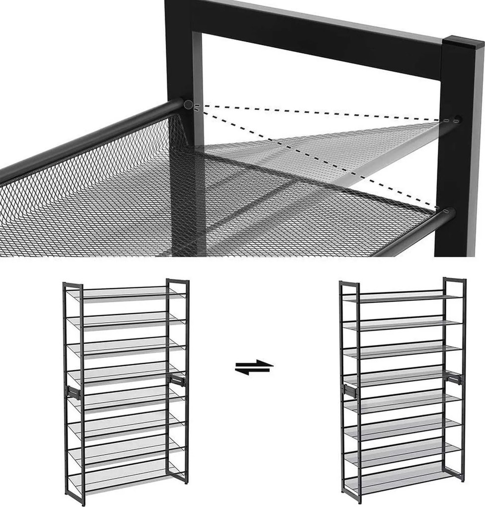 Cipőtartó polc 2x4 szintes fém háló polcokkal, fekete 92x30x163cm