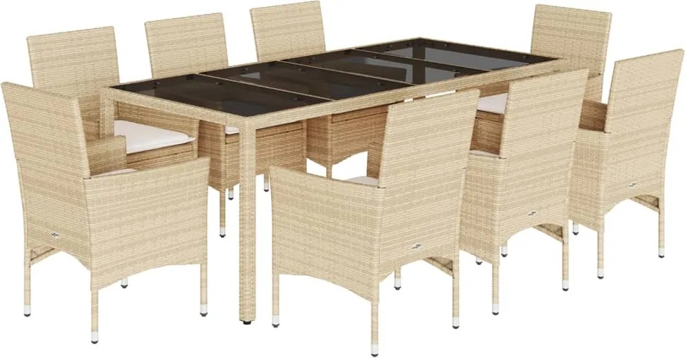 vidaXL 9 részes bézs polyrattan/üveg kerti étkezőgarnitúra párnákkal