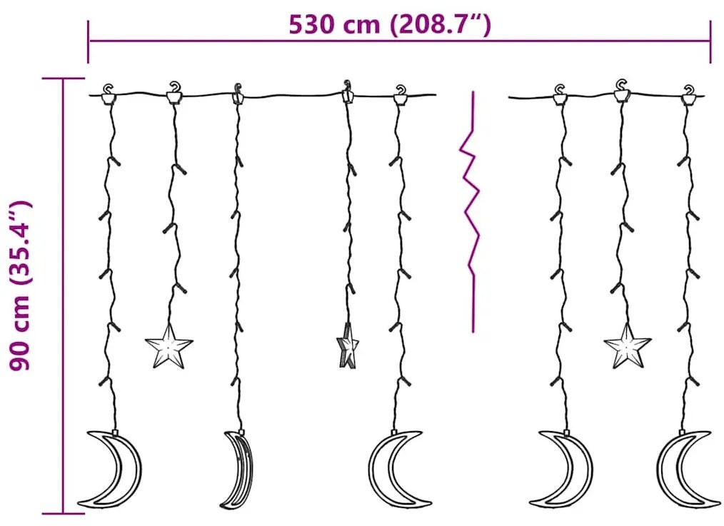 345 meleg fehér LED-es csillag és hold fényfüzér távirányítóval