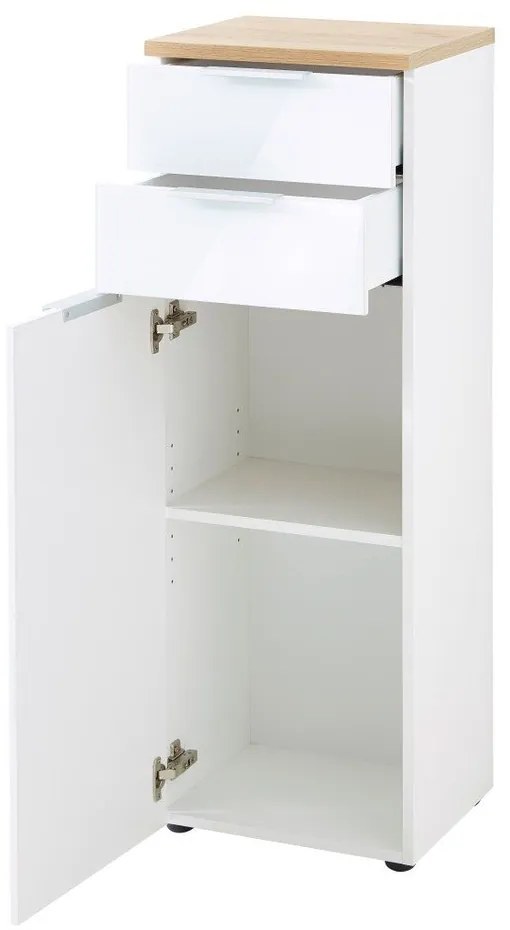 Fehér-natúr színű magas fürdőszoba szekrény tölgyfa dekorral 39x112 cm Pescara – Germania