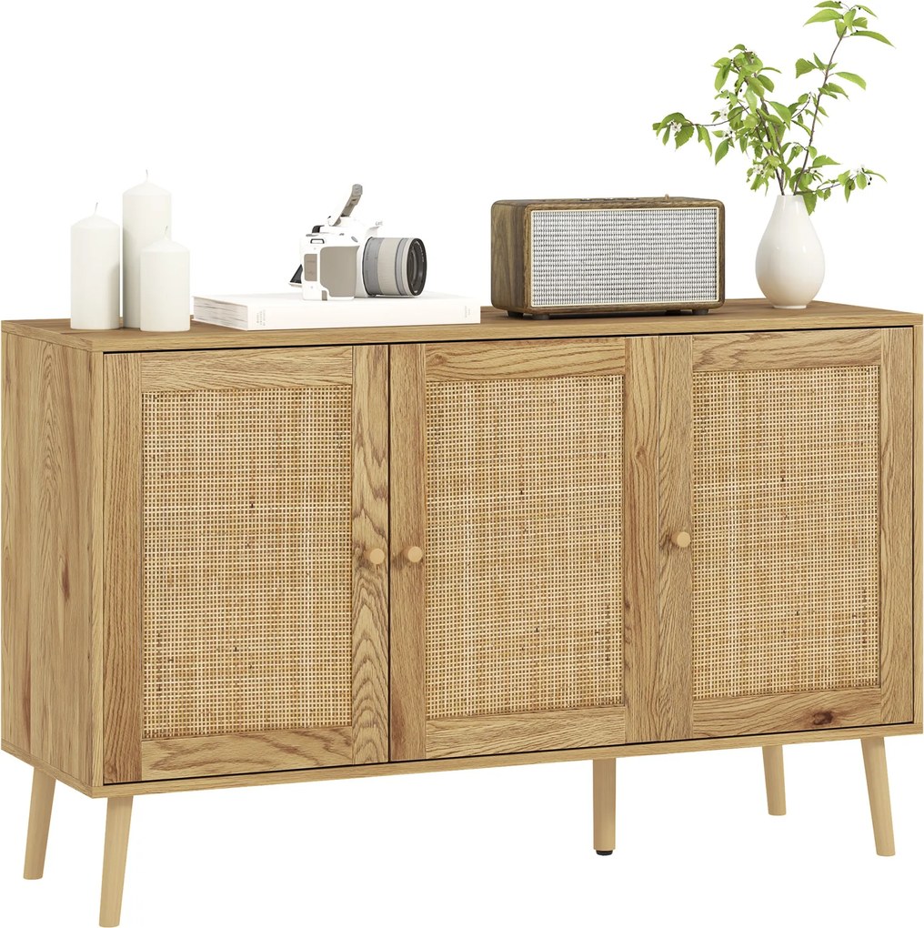 HOMCOM Büfé Vitrin, Rattan Ajtókkal és Állítható Polccal, Nappaliba és Étkezőbe, Méretek: 120 x 40 x 75 cm, Természetes Fa Megjelenés | Aosom