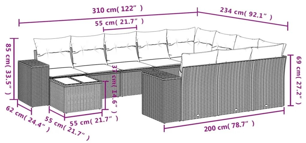 11 részes szürke polyrattan kerti ülőgarnitúra párnákkal