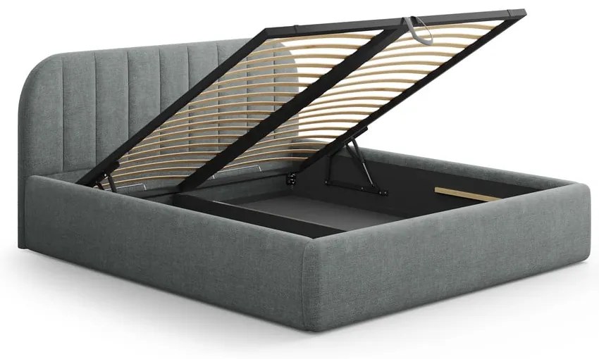 Sötétszürke kárpitozott ágyneműtartós franciaágy ágyráccsal 180x200 cm Juno – Windsor &amp; Co Sofas