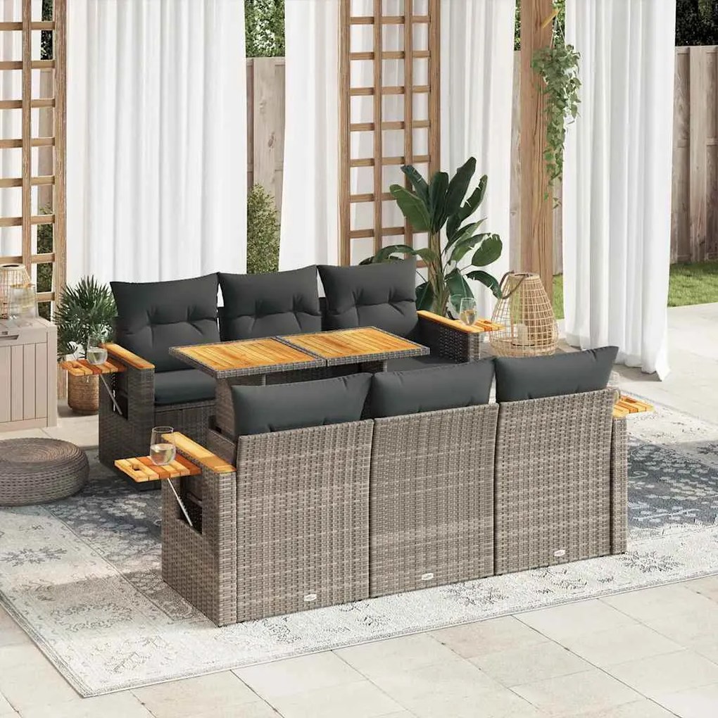 7 részes szürke polyrattan akácfa kerti ülőgarnitúra párnákkal