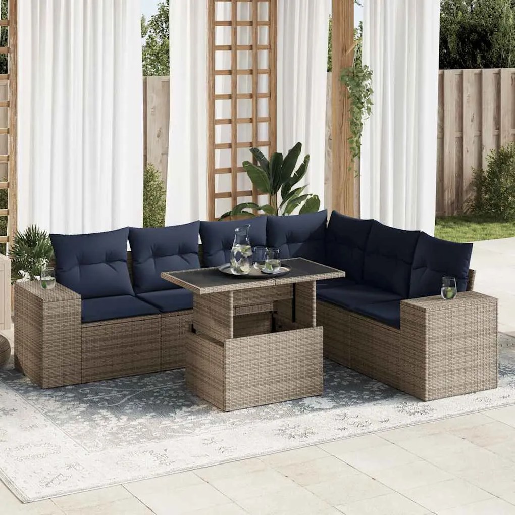 14 részes szürke polyrattan akácfa kerti ülőgarnitúra párnákkal