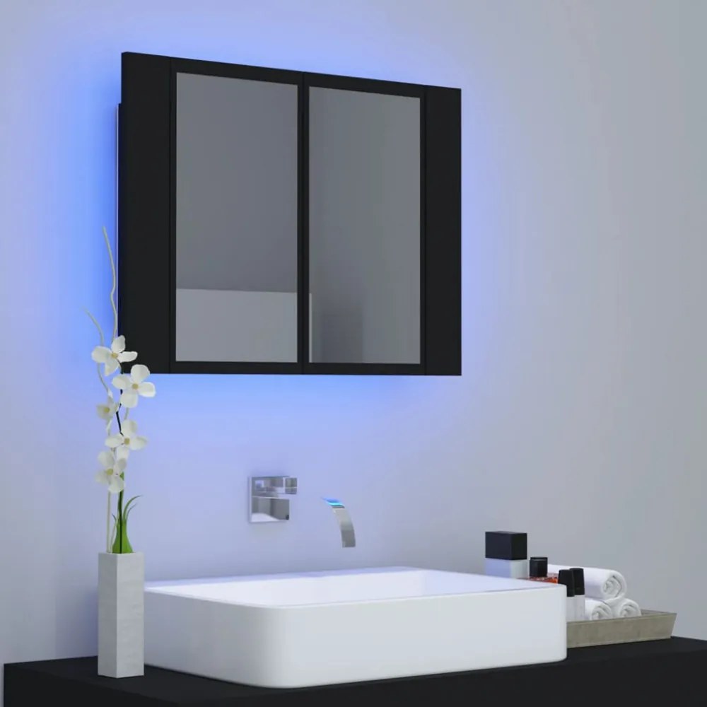 fekete akril LED-es fürdőszobaszekrény tükörrel 60x12x45 cm