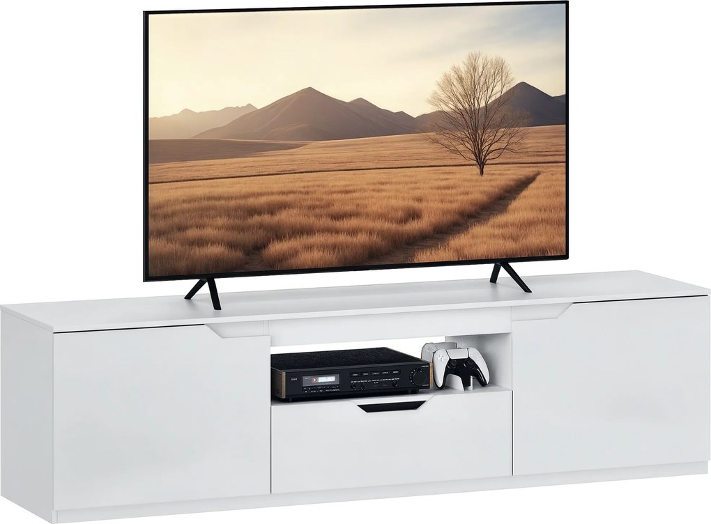 HOMCOM TV Szekrény Lowboard 2 Ajtóval, Fiókkal, 160 cm Hosszú TV Állvány 65 Hüvelykes TV-hez, TV Tábla Kábeltartóval a nappaliba, Fehér | Aosom