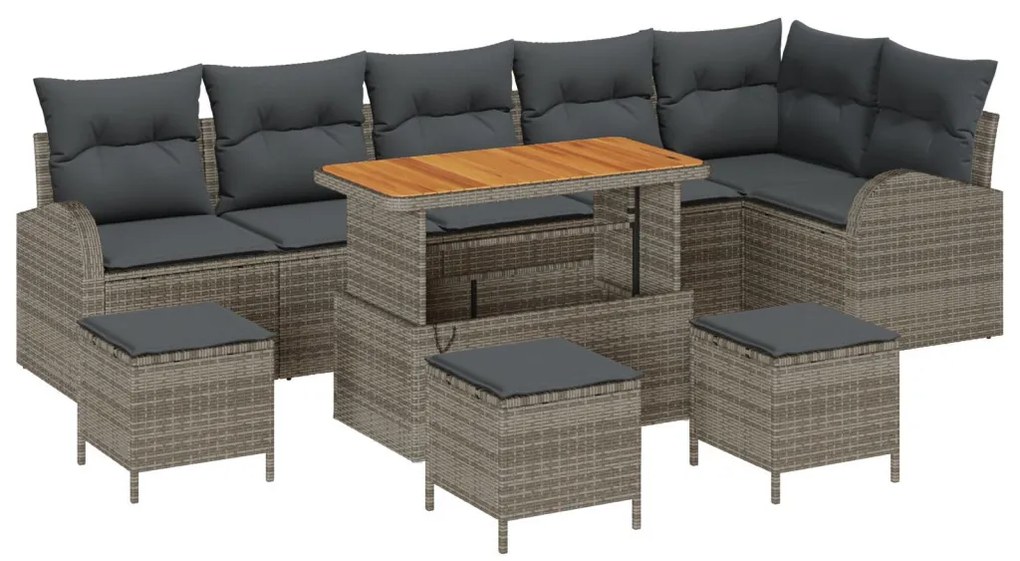 9 darabos kertisofa szett párnákkal szürke poli rattan akác, 2 személyes kertisofa párnákkal szürke poli rattan, 3 darabos kert étkező szett párnákkal szürke poli rattan akác