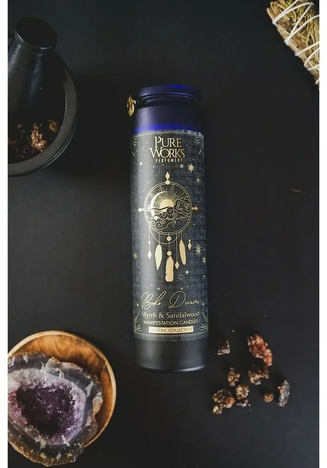 Arome Organikus gyertya Myrrh&amp;Sandalwood 300 gszínes, magas üvegben, bojtokkal