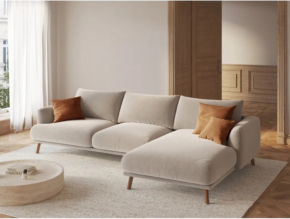 Bézs bársony sarokkanapé (jobb oldali-heverő résszel) Naomi – Micadoni