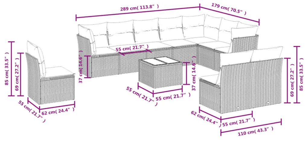 vidaXL 11 részes világosszürke polyrattan kerti ülőgarnitúra párnákkal