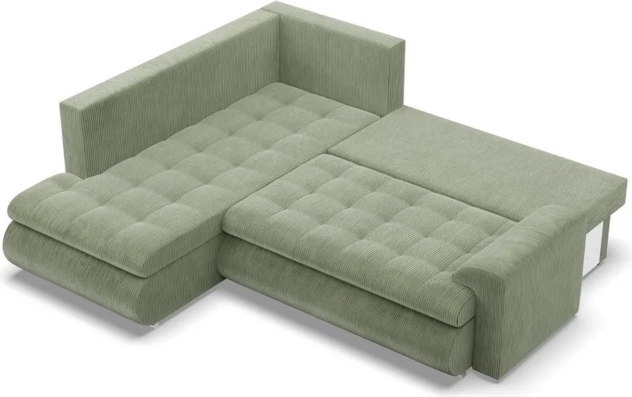 Tokio sarokkanapé, L alakú háttámlával, 2 ágyneműtartóval, kordbársony, baloldali, zöld