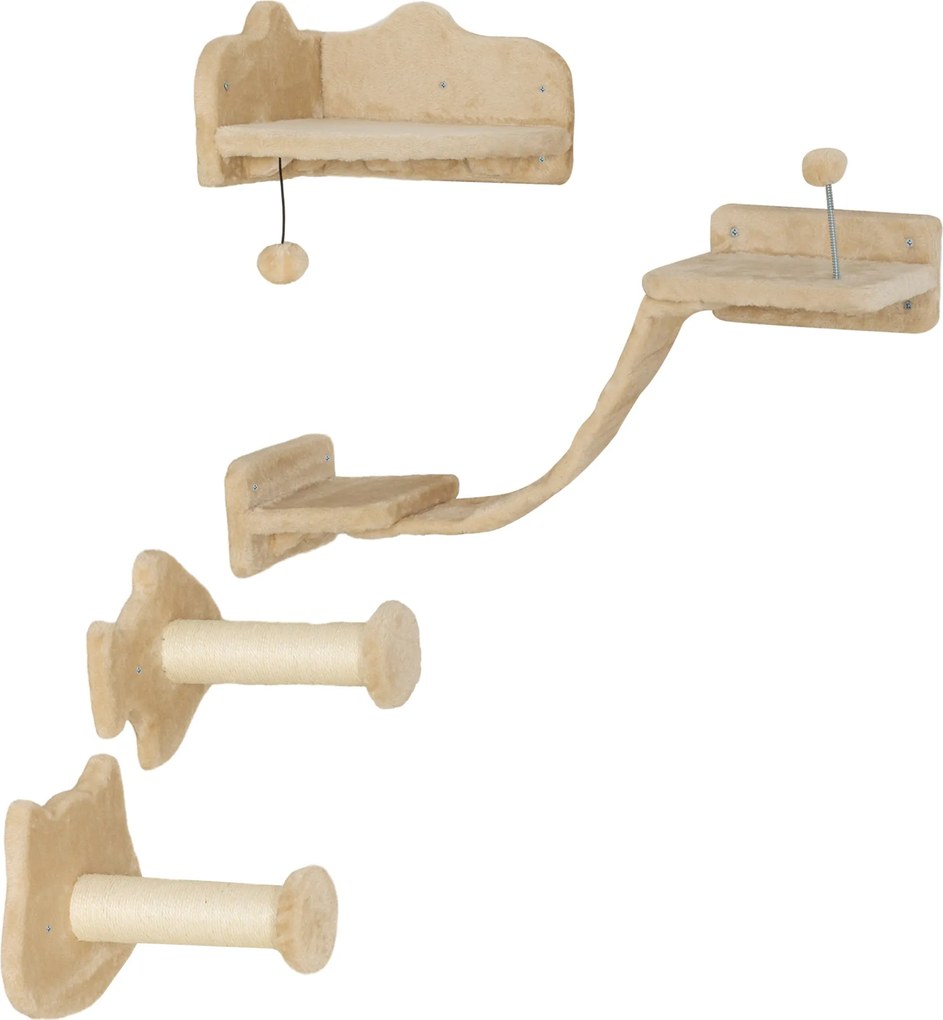 PawHut 4 részes macska falipolc készlet macska kaparóval, 2 sisal oszloppal, dupla platformmal puha létrával, és egy sarokugró platformmal, bézs színb