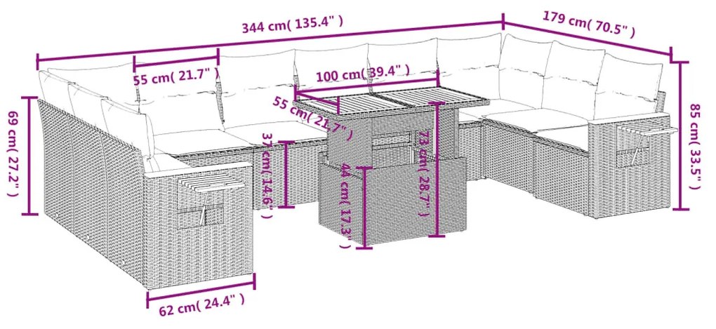 11 részes bézs polyrattan kerti ülőgarnitúra párnákkal