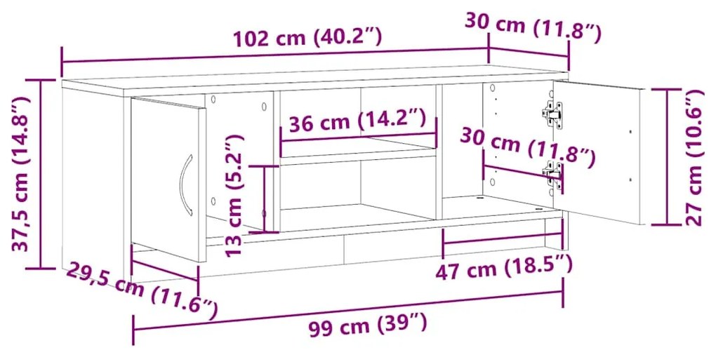 antik fa színű szerelt fa TV-szekrény 102 x 30 x 37,5 cm