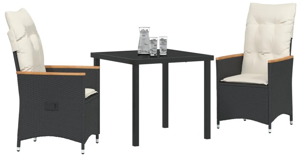 3 darabos kerti étkező szett párnákkal fekete poli rattan