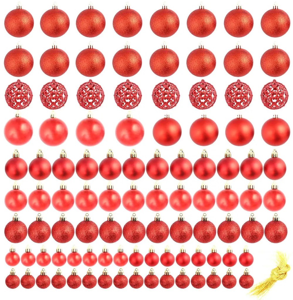 100 darabos piros karácsonyi gömb készlet 3/4/6 cm