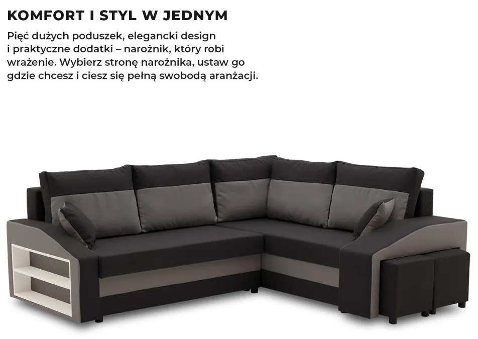 Grande sarokkanapé polcokkal és puffokkal , polc a bal karfaban puffok a jobb karfaban, jobboldali, szövet anyag, hab töltet, fekete - szürke