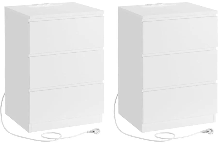 VASAGLE éjjeliszekrény 2 darabos szett, 2 hálózati aljzattal és 2 USB-porttal, fehér színben